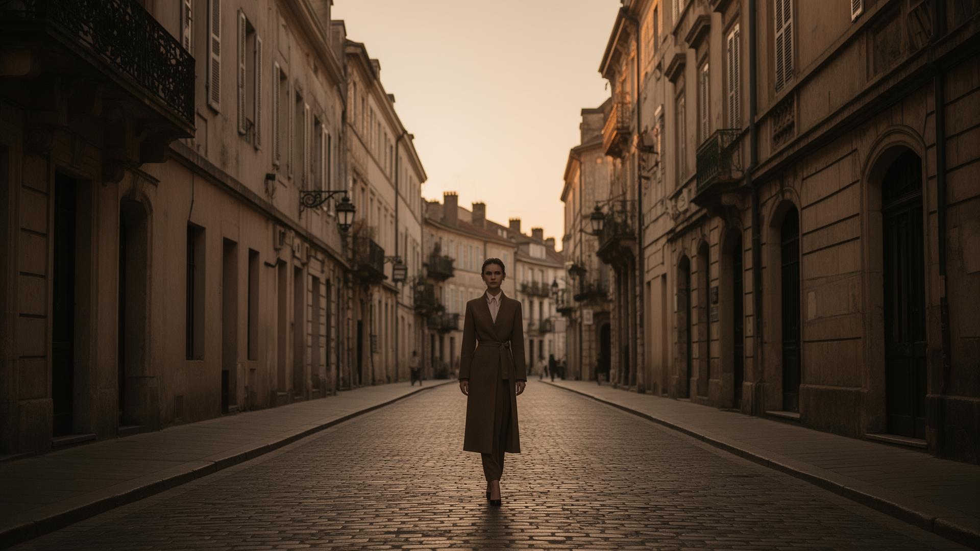 Exploradora caminando por una calle europea al atardecer